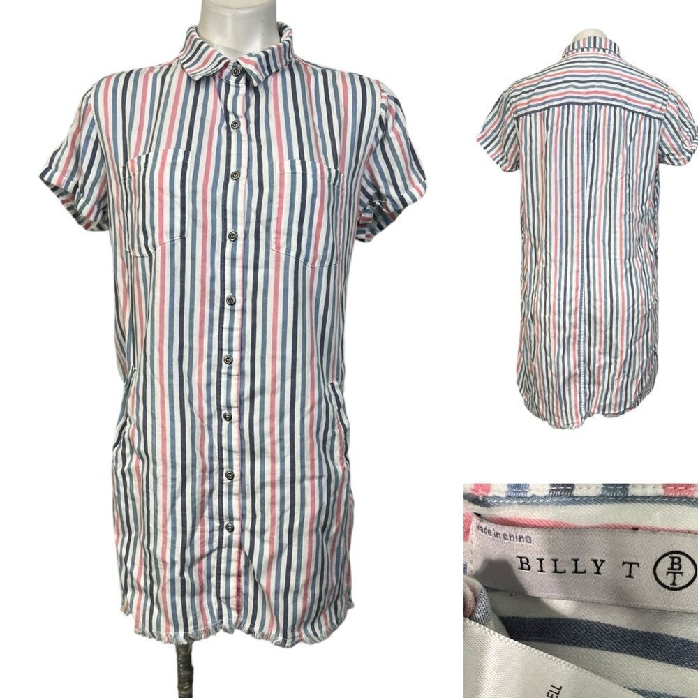 Billy T shirt dress size M pink multicolor striped short sleeve‎ cotton casual